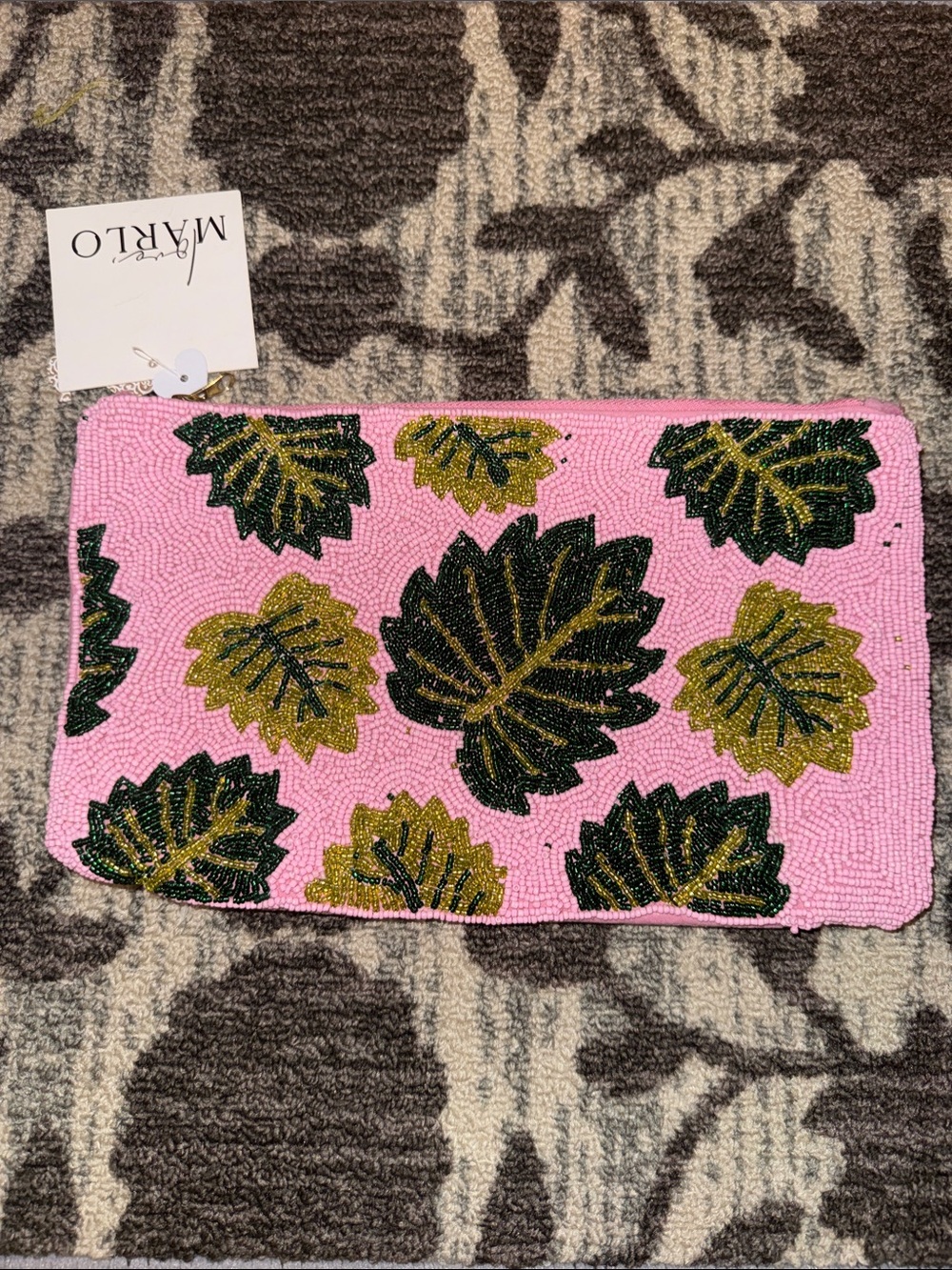 🦩 Marlow Pink Beaded Clutch with Green and Gold Leaf Motif